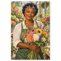 A smiling Black florist in a green apron holds a colorful bouquet inside a bright glass greenhouse filled with flowers. Full original portrait artwork on a clean white background with a subtle soft shadow and original proportions preserved.