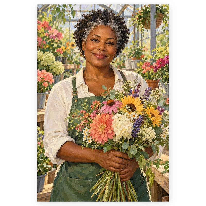A smiling Black florist in a green apron holds a colorful bouquet inside a bright glass greenhouse filled with flowers. Full original portrait artwork on a clean white background with a subtle soft shadow and original proportions preserved.