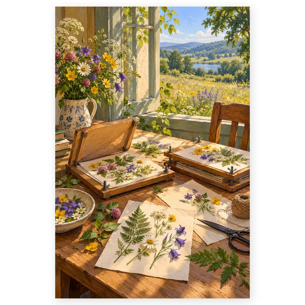 `01-flower-pressing-table-hero.webp` — Full Flower Pressing Table paint by numbers artwork on a clean white square, complete design shown at its original proportions with a subtle soft shadow.