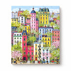 Flowering Treetop City Street paint by numbers artwork on a front-facing canvas against a white background
