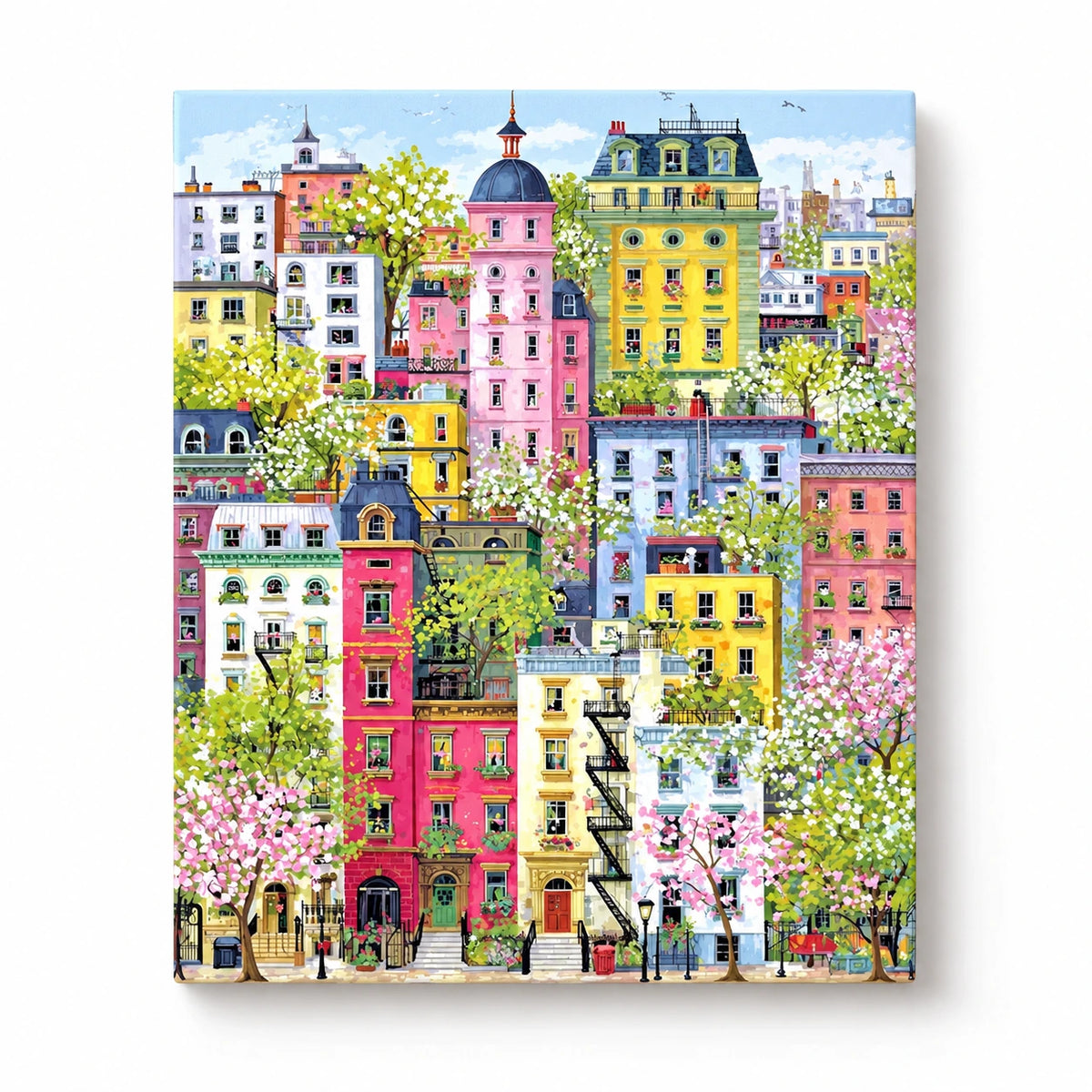 Flowering Treetop City Street paint by numbers artwork on a front-facing canvas against a white background