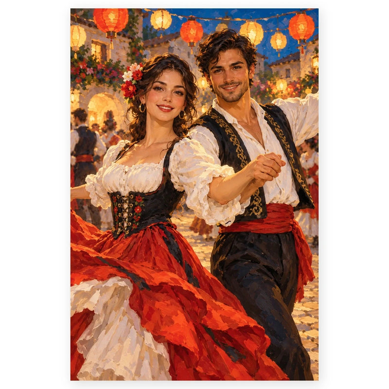 A woman and man in traditional folk costumes dance beneath red and gold lanterns in a festive village square. Full original portrait artwork on a clean white background with a subtle soft shadow and original proportions preserved.