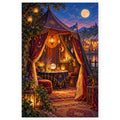 A richly decorated purple fortune teller tent glows with hanging lanterns beneath a full moon at dusk. Full original portrait artwork on a clean white background with a subtle soft shadow and original proportions preserved.