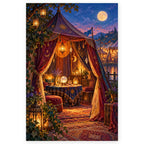 A richly decorated purple fortune teller tent glows with hanging lanterns beneath a full moon at dusk. Full original portrait artwork on a clean white background with a subtle soft shadow and original proportions preserved.