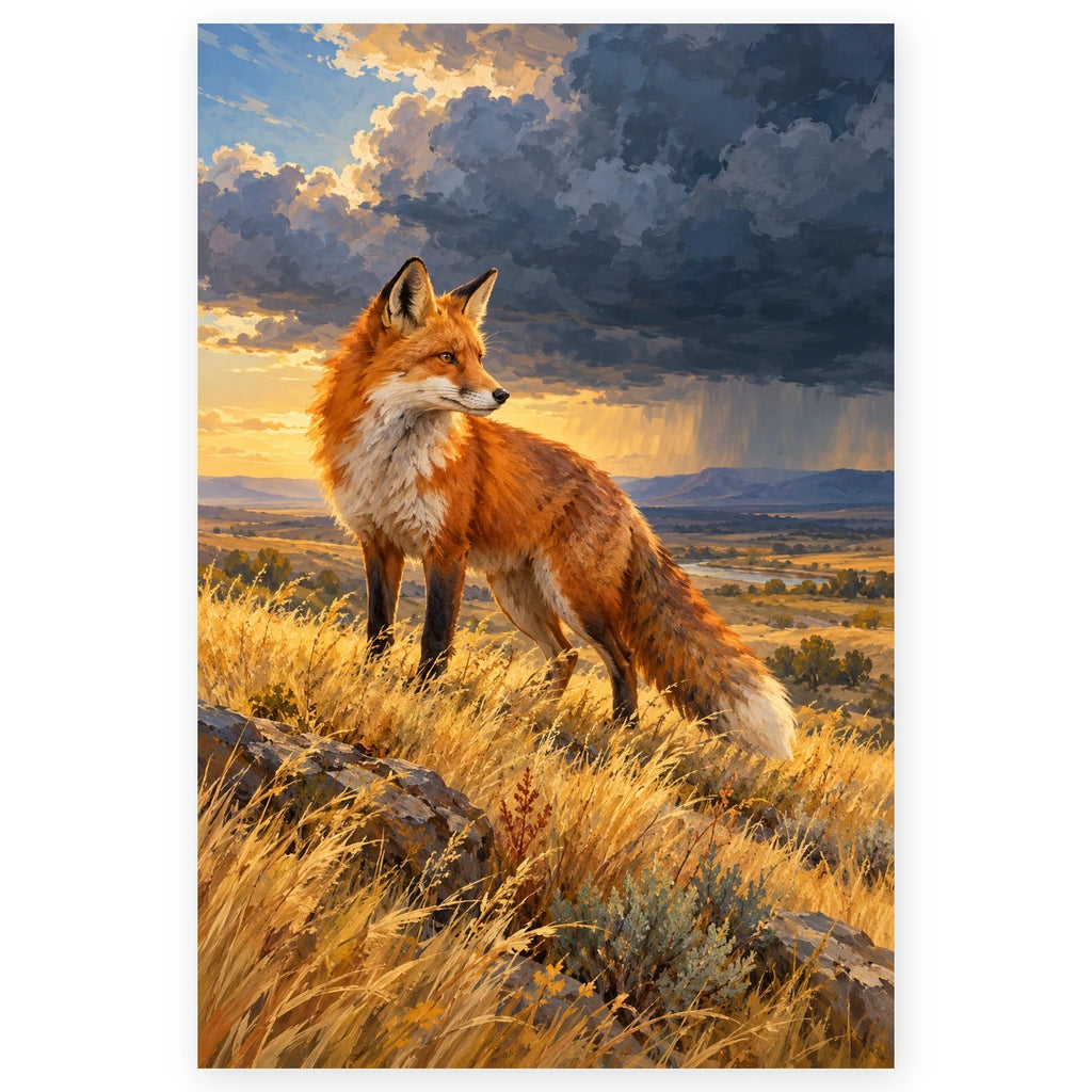 Fox on a Prairie beneath Thunderclouds paint by numbers artwork on a front-facing canvas against a white background