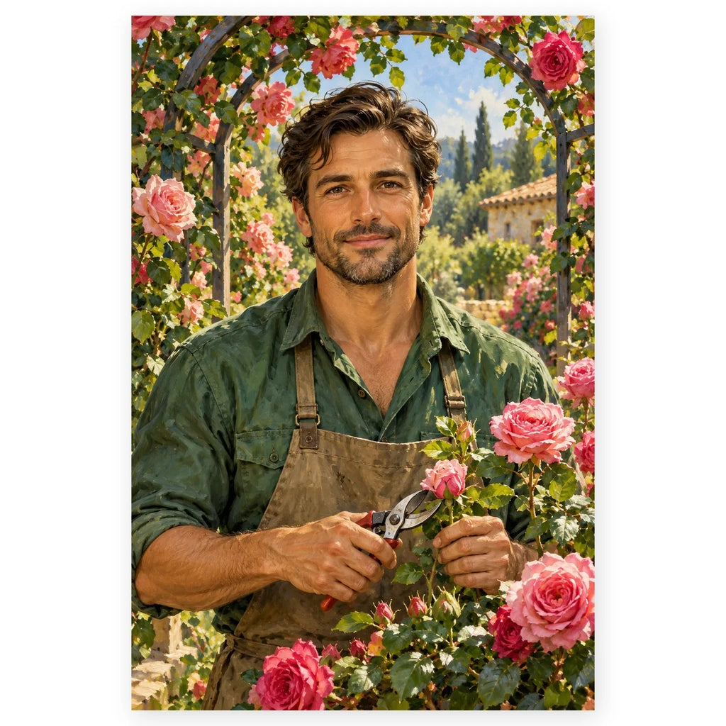 A male gardener holds pruning shears among blooming pink roses beneath a garden arch. Full original portrait artwork on a clean white background with a subtle soft shadow and original proportions preserved.