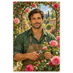 A male gardener holds pruning shears among blooming pink roses beneath a garden arch. Full original portrait artwork on a clean white background with a subtle soft shadow and original proportions preserved.