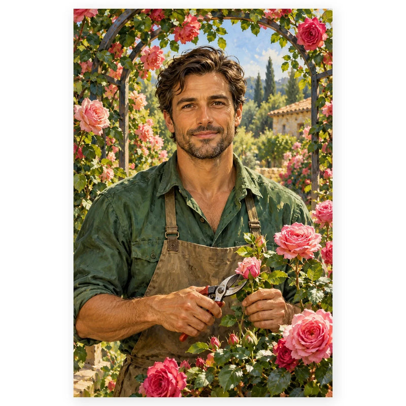 A male gardener holds pruning shears among blooming pink roses beneath a garden arch. Full original portrait artwork on a clean white background with a subtle soft shadow and original proportions preserved.