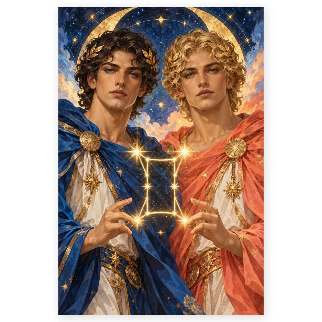 Full Gemini Twin Brothers Constellation paint by numbers artwork on a clean white square, complete design shown at its original proportions with a subtle soft shadow.