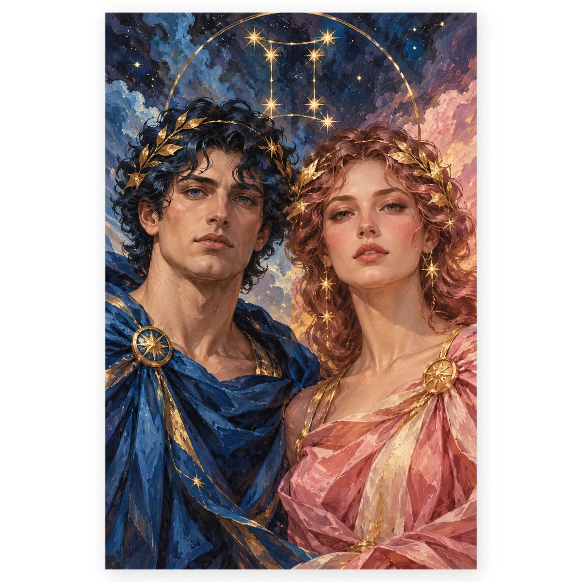 Full Gemini Twins Shared Constellation paint by numbers artwork on a clean white square, complete design shown at its original proportions with a subtle soft shadow.