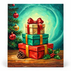 Gifts Beneath the Evergreen paint by numbers artwork on a front-facing canvas against a white background