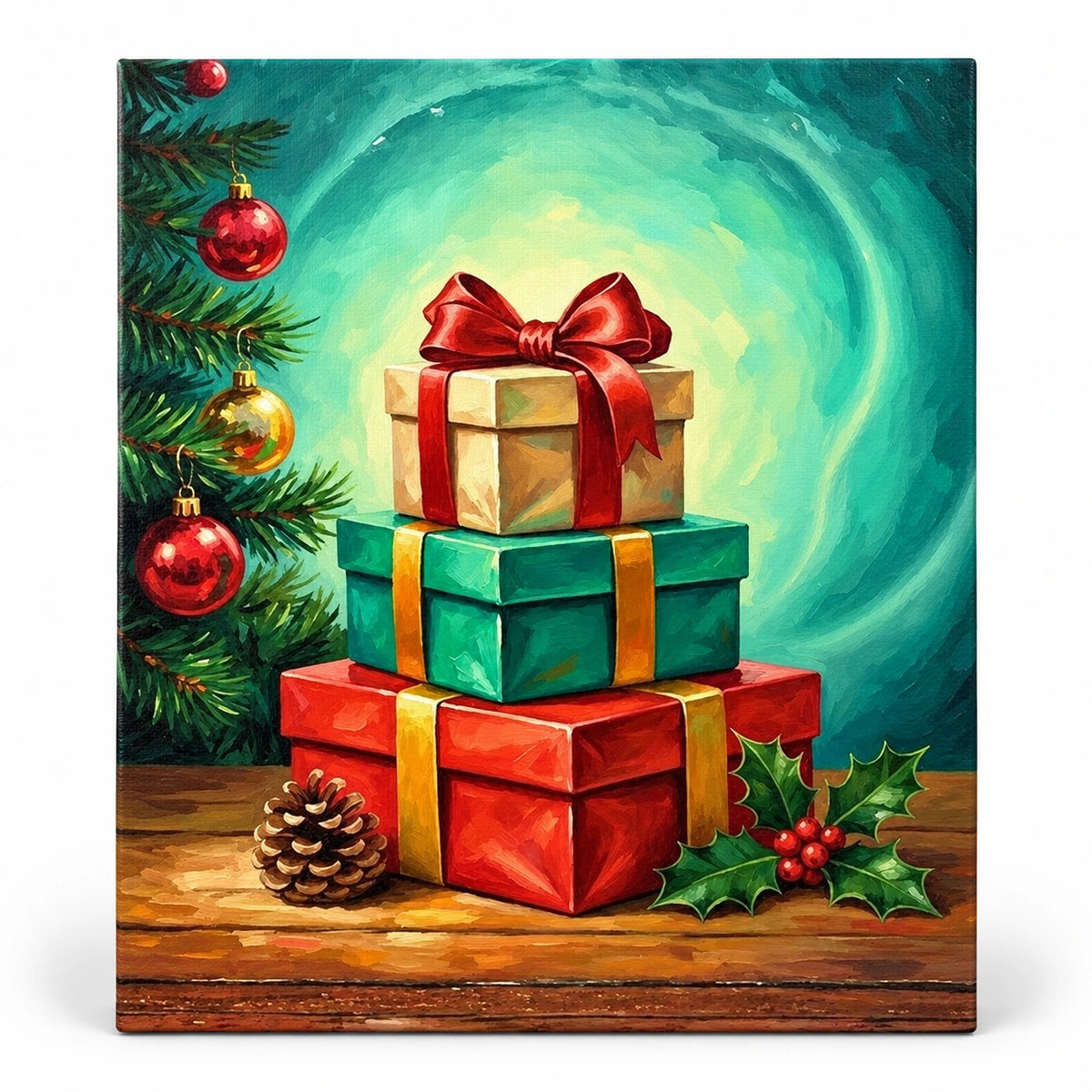 Gifts Beneath the Evergreen paint by numbers artwork on a front-facing canvas against a white background