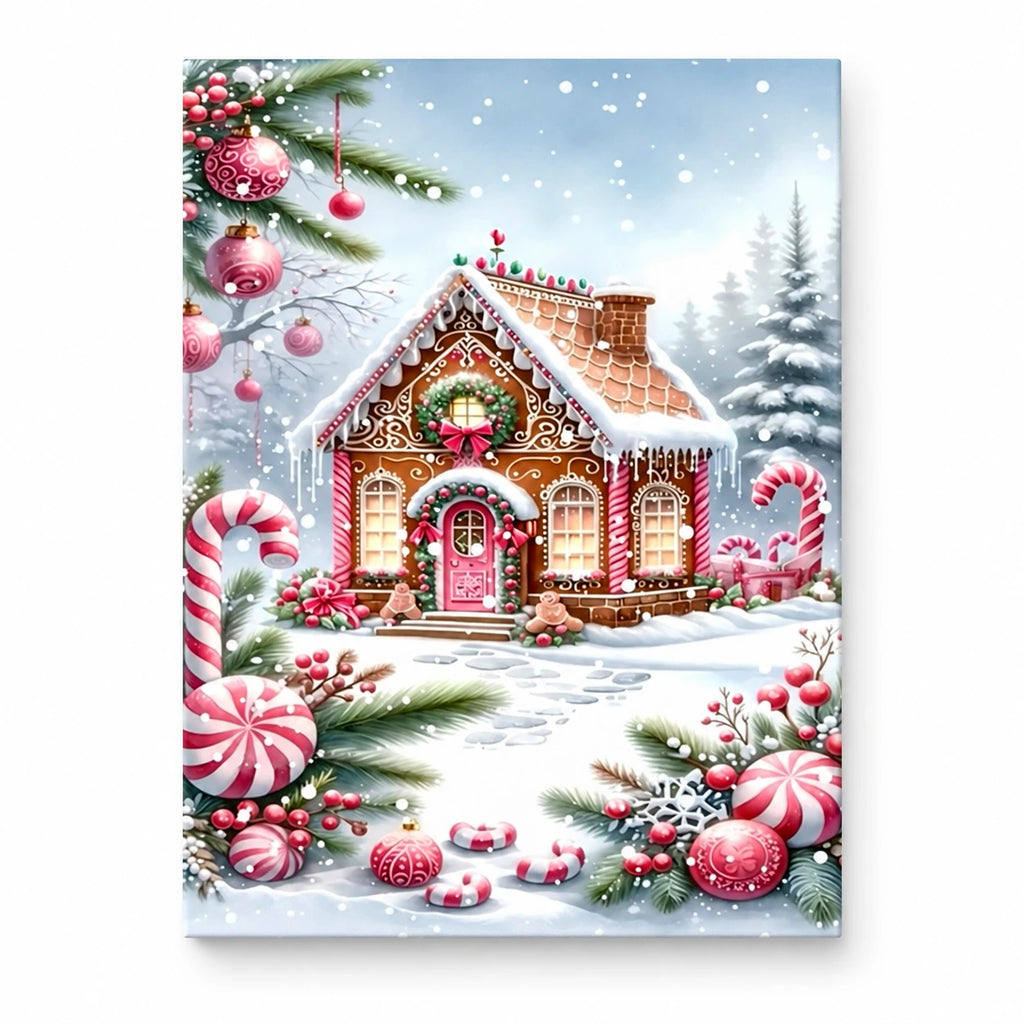 Gingerbread Christmas Cottage paint by numbers artwork on a front-facing canvas against a white background