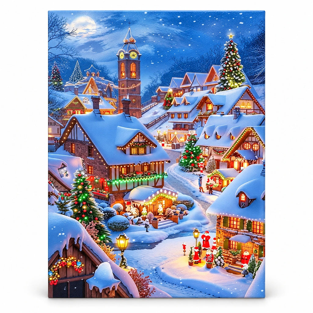 Glow Over the Snowy Village paint by numbers artwork on a front-facing canvas against a white background