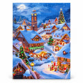 Glow Over the Snowy Village paint by numbers artwork on a front-facing canvas against a white background