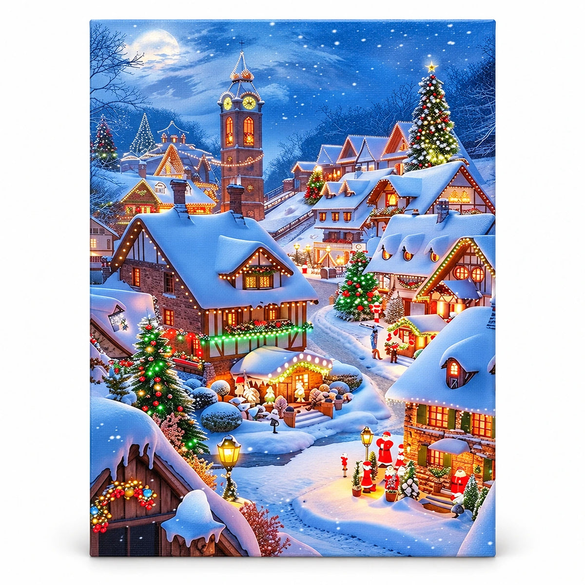 Glow Over the Snowy Village paint by numbers artwork on a front-facing canvas against a white background