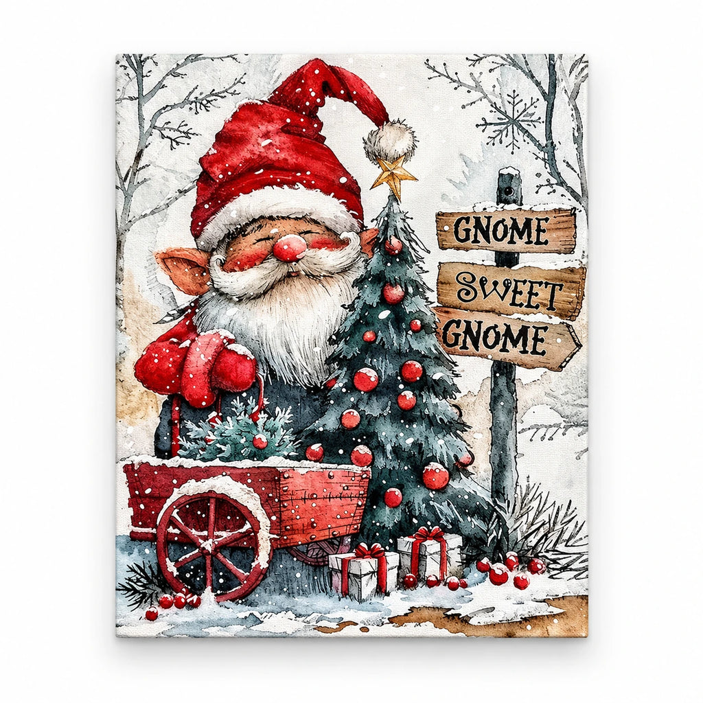 Gnome Christmas Welcome paint by numbers artwork on a front-facing canvas against a white background