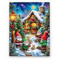 Gnomes at the Snowy Cabin paint by numbers artwork on a front-facing canvas against a white background