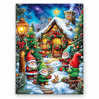 Gnomes at the Snowy Cabin paint by numbers artwork on a front-facing canvas against a white background