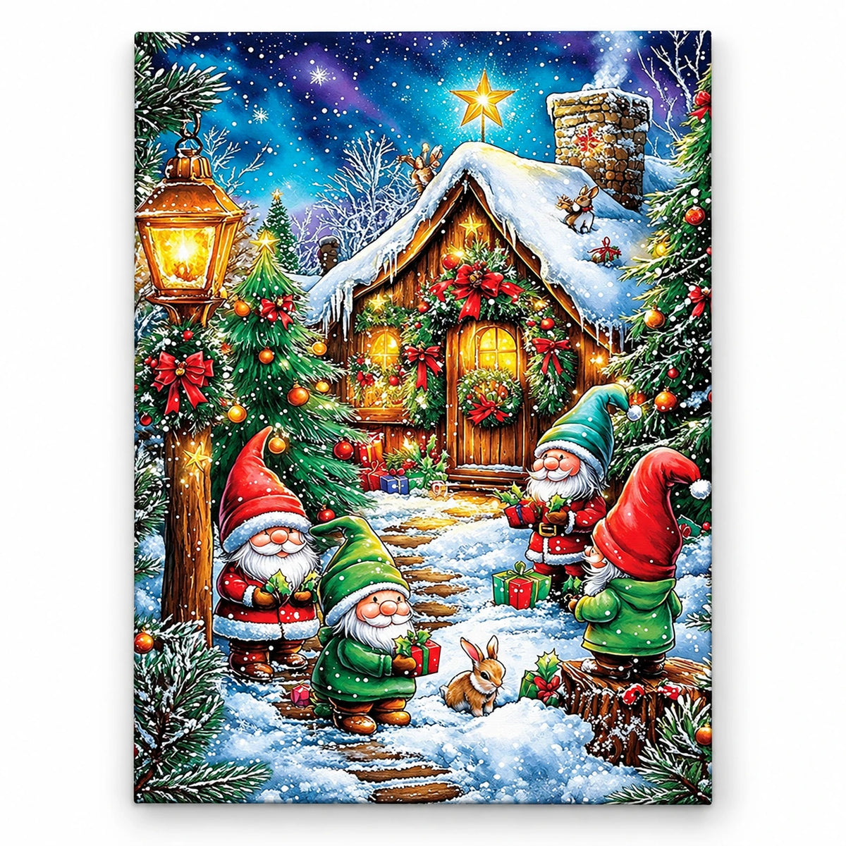 Gnomes at the Snowy Cabin paint by numbers artwork on a front-facing canvas against a white background