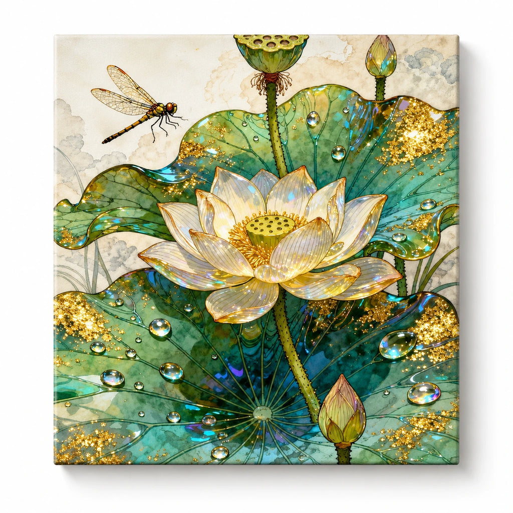 Gold Green Lotus and Dragonfly paint by numbers artwork on a front-facing canvas against a white background