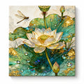 Gold Green Lotus and Dragonfly paint by numbers artwork on a front-facing canvas against a white background