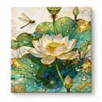 Gold Green Lotus and Dragonfly paint by numbers artwork on a front-facing canvas against a white background