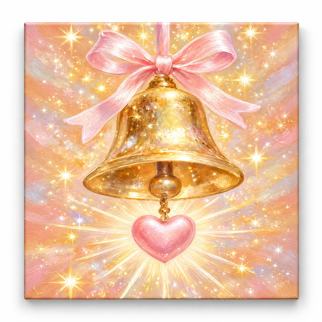 Golden Bell with Pink Heart paint by numbers artwork on a front-facing canvas against a white background