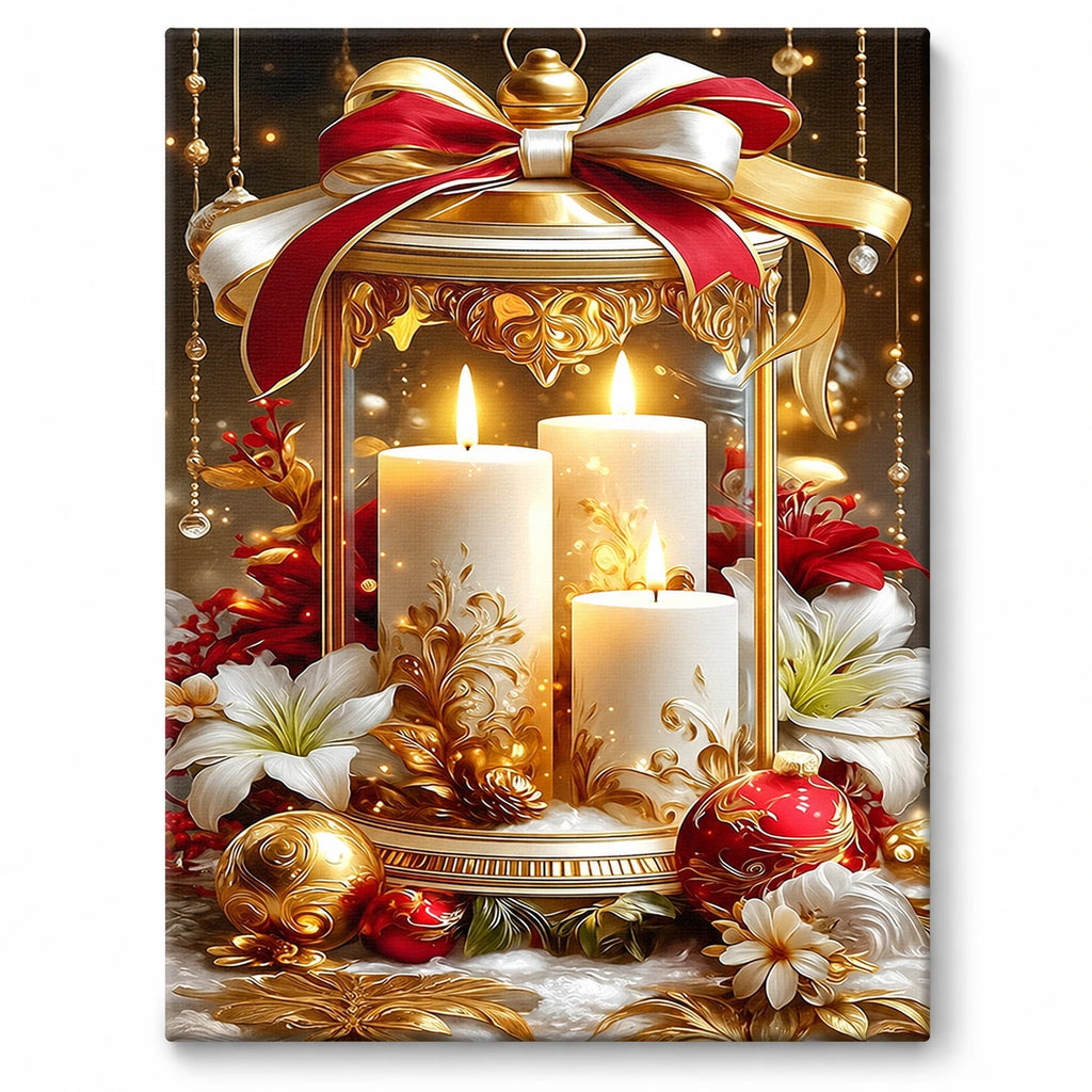 Golden Lantern Christmas Candle paint by numbers artwork on a front-facing canvas against a white background