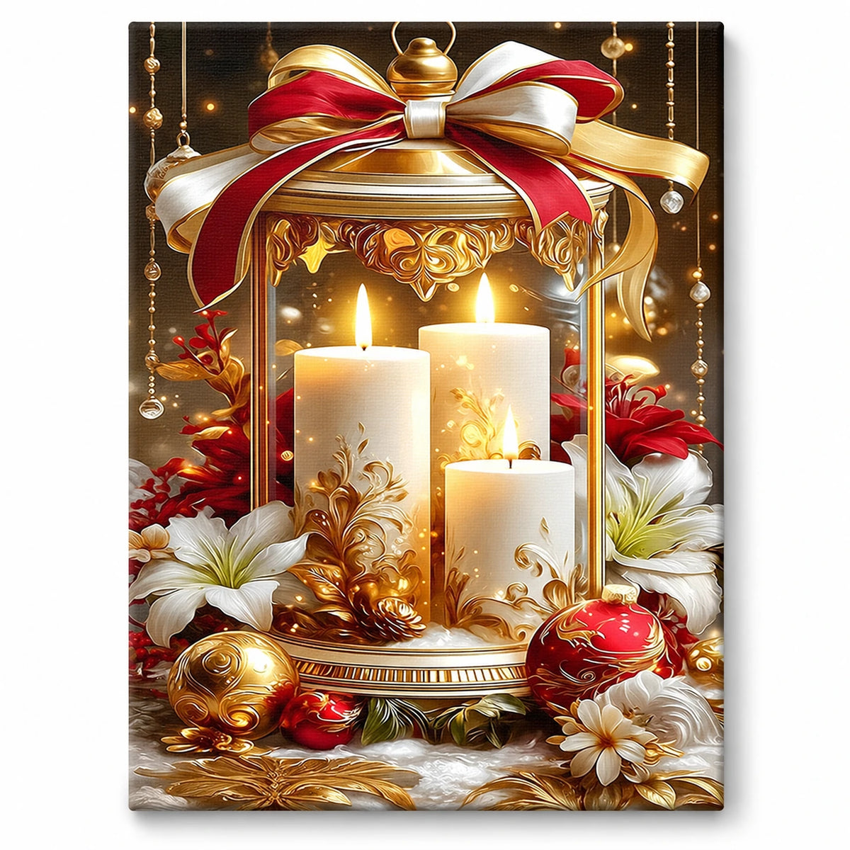 Golden Lantern Christmas Candle paint by numbers artwork on a front-facing canvas against a white background