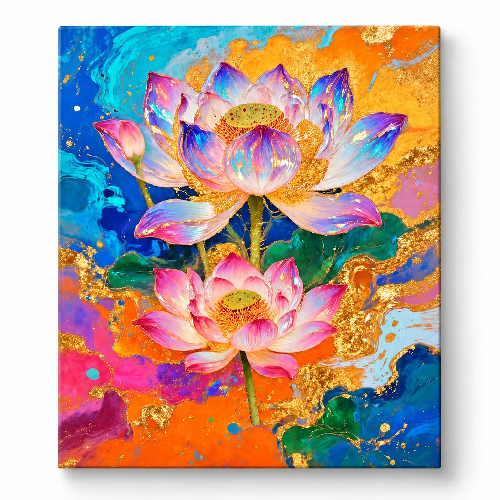 Golden Lotus Duo paint by numbers artwork on a front-facing canvas against a white background