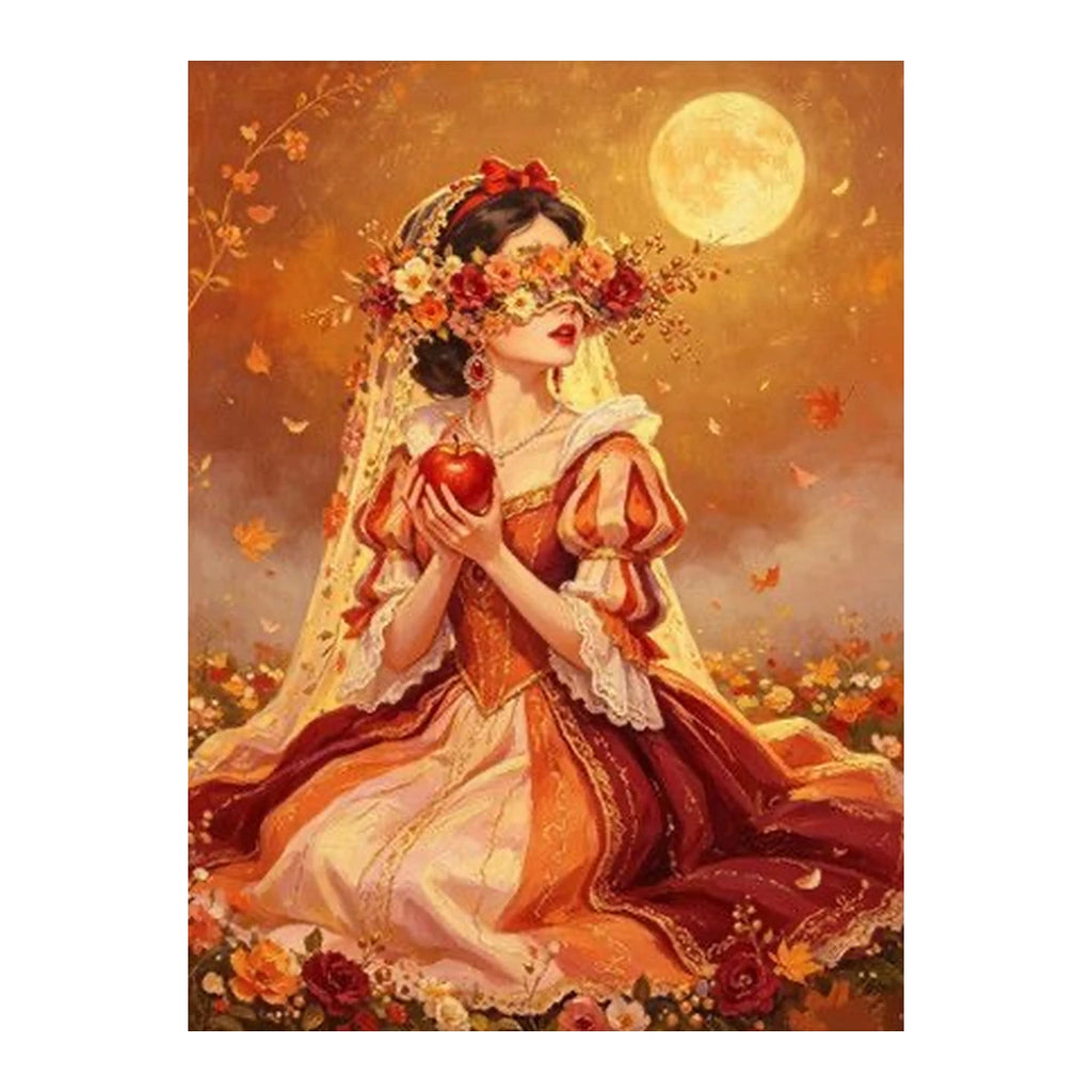 White-background original artwork of a flower-crowned bride beneath a golden moon holding an apple