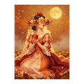 White-background original artwork of a flower-crowned bride beneath a golden moon holding an apple