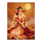 White-background original artwork of a flower-crowned bride beneath a golden moon holding an apple