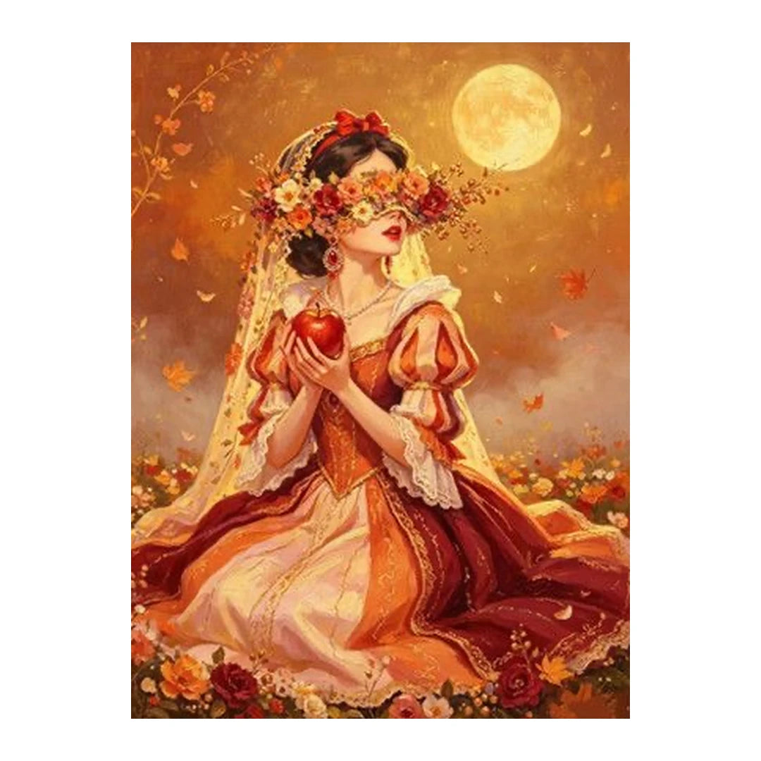 White-background original artwork of a flower-crowned bride beneath a golden moon holding an apple
