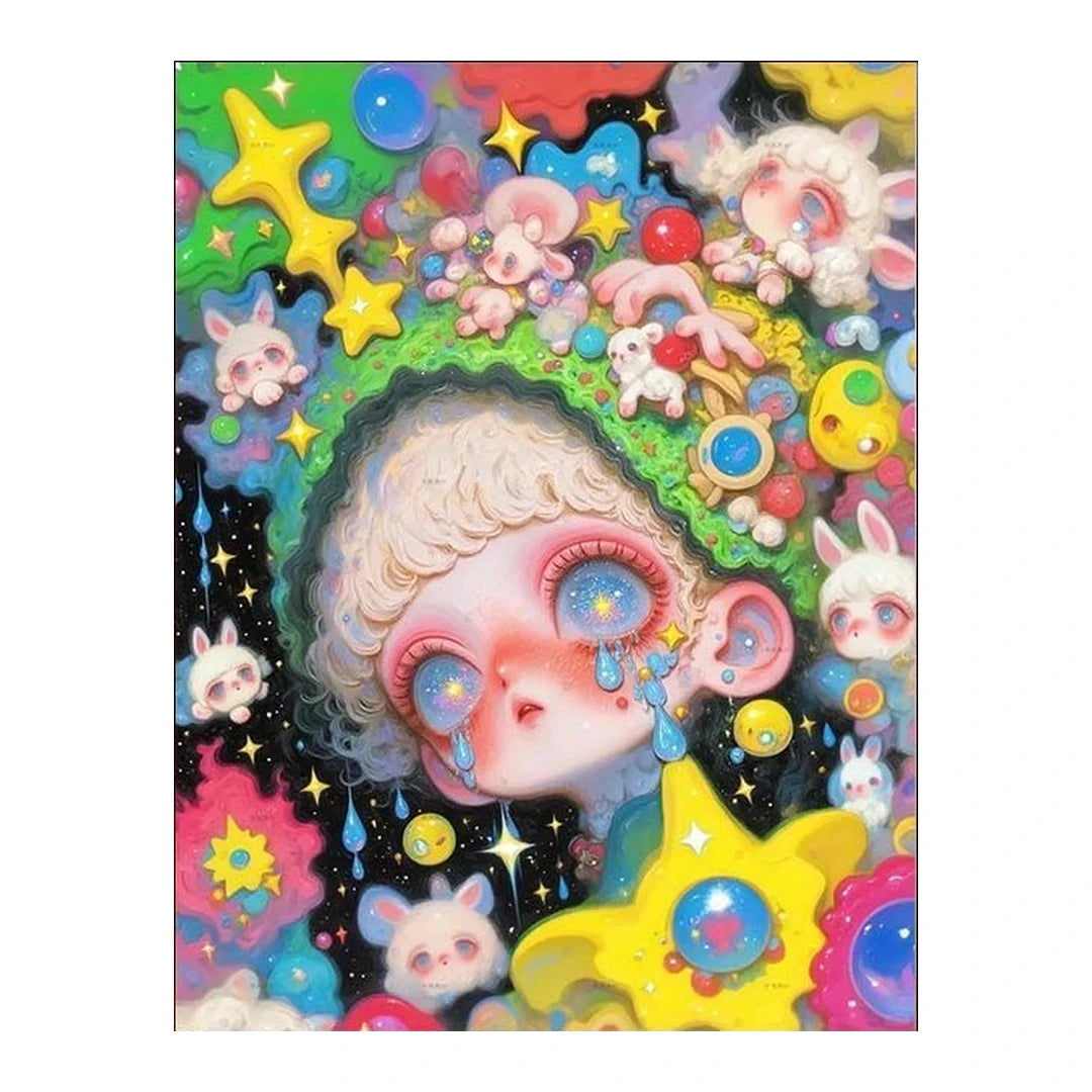 White-background original green bunny cosmos girl diamond painting artwork