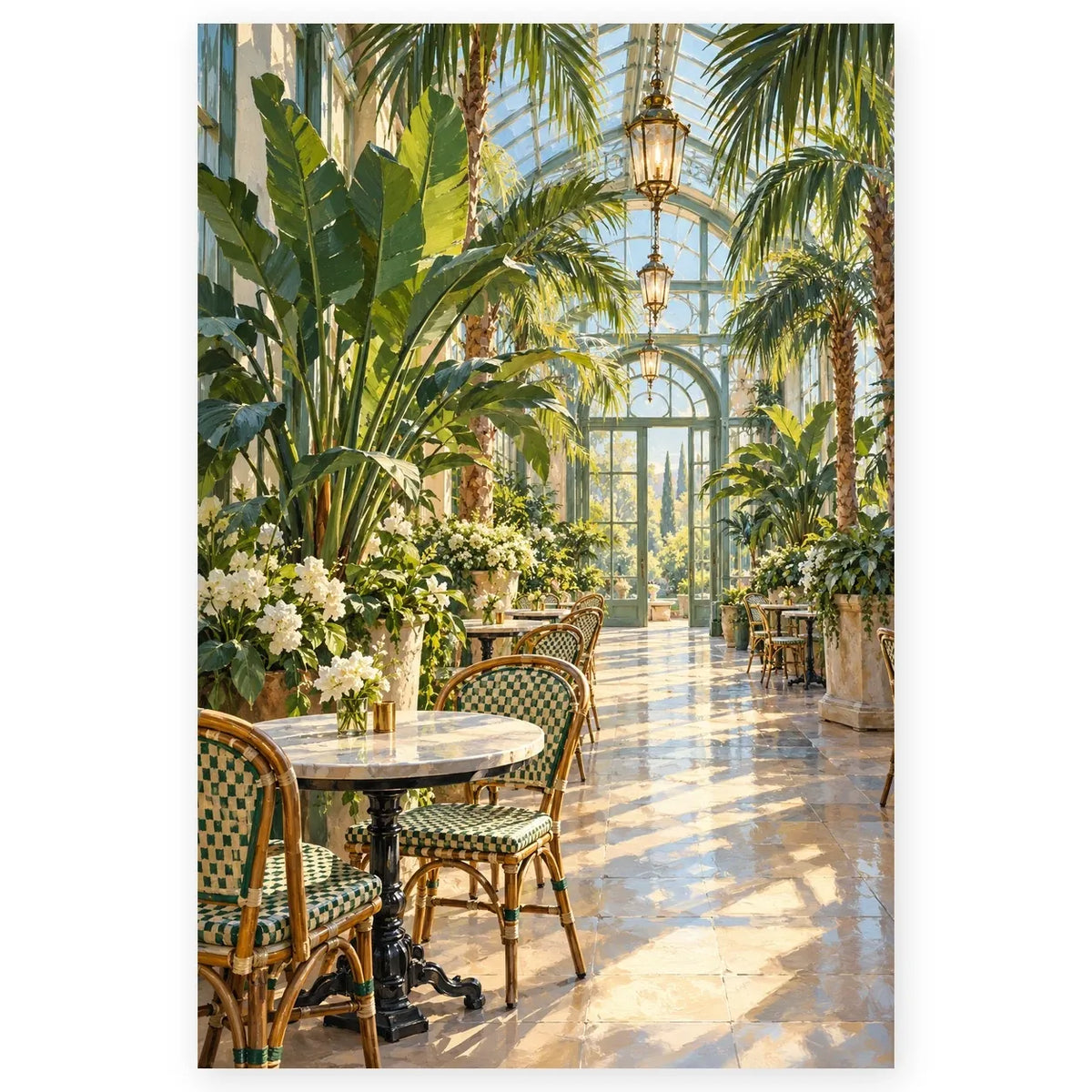 `01-greenhouse-cafe-empty-tables-hero.webp` — Full Greenhouse Cafe Empty Tables paint by numbers artwork on a clean white square, complete design shown at its original proportions with a subtle soft shadow.