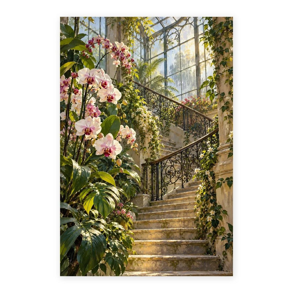 greenhouse staircase orchids paint by numbers artwork on a front-facing canvas against a white background