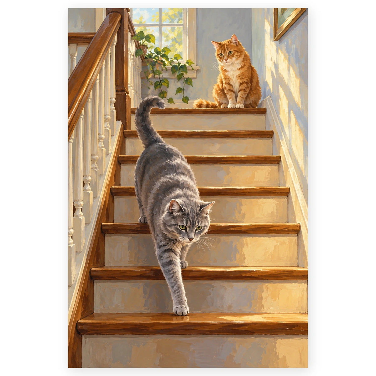 Grey Cat and Orange Cat on a Staircase paint by numbers artwork on a front-facing canvas against a white background