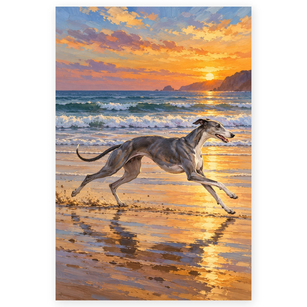 Greyhound Running on a Beach at Sunset paint by numbers artwork on a front-facing canvas against a white background