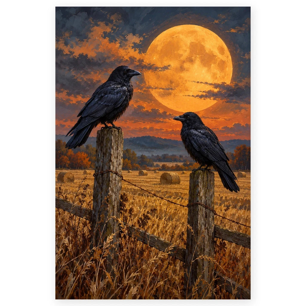 Halloween Black Crows Harvest Moon Paint by Numbers Kit artwork on a front-facing canvas against a white background.