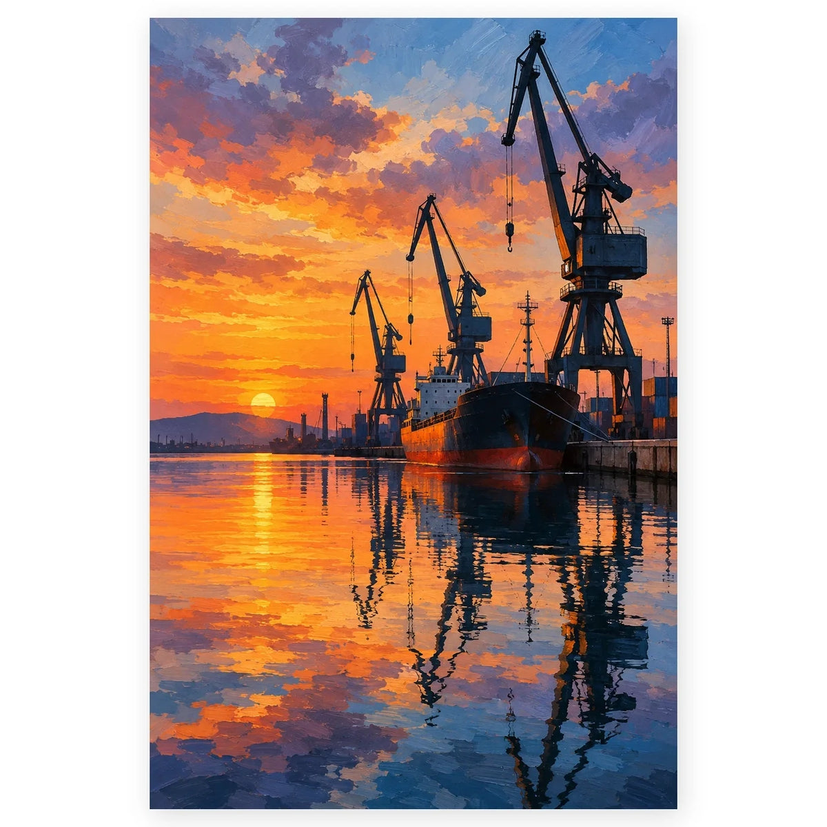 Full harbor crane evening reflection paint by numbers artwork on a clean white background.