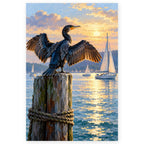 Full harbor pilings cormorant paint by numbers artwork on a clean white background.
