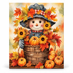 Harvest Basket Smile Gnome paint by numbers artwork on a front-facing canvas against a white background