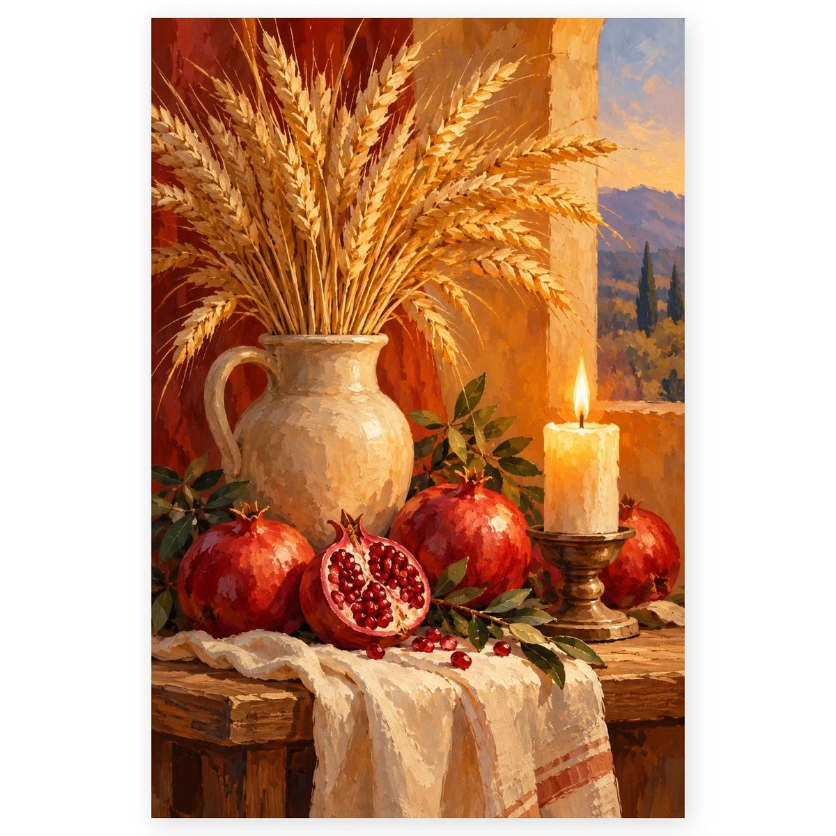 Harvest Table Pomegranates and Wheat Paint by Numbers Kit artwork on a front-facing canvas against a white background.