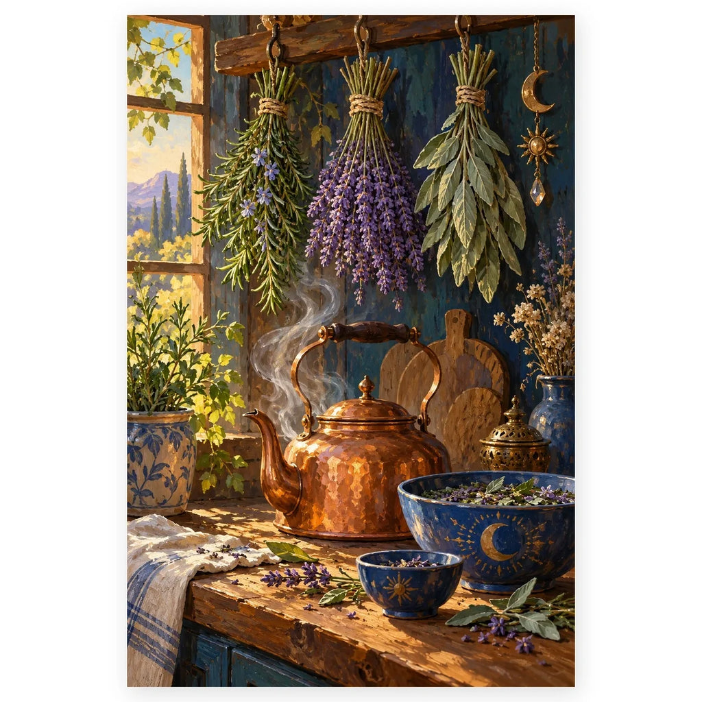 Rosemary, lavender, and sage bundles hang above a steaming copper kettle in a sunlit cottage kitchen. Full original portrait artwork on a clean white background with a subtle soft shadow and original proportions preserved.