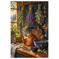 Rosemary, lavender, and sage bundles hang above a steaming copper kettle in a sunlit cottage kitchen. Full original portrait artwork on a clean white background with a subtle soft shadow and original proportions preserved.