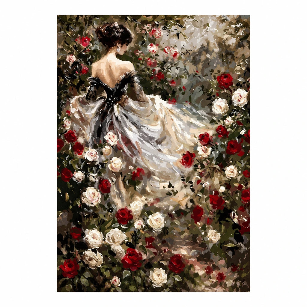 Original artwork of a woman in an ivory gown with a black bow among red and white roses