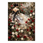 Original artwork of a woman in an ivory gown with a black bow among red and white roses