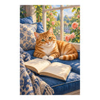 Orange tabby reading by a sunny window: original artwork on a clean white background